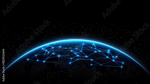 The image depicts a blue, glowing planet set against a dark backdrop filled with stars, overlaid with a network of glowing lines suggesting global connections.