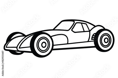 Black outline of a sports car shows streamlined retro design on white background