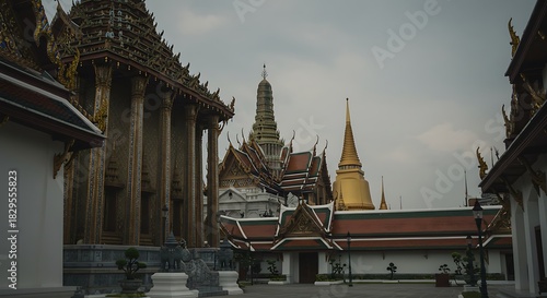 Ornate golden structures and intricate roofs of a grand Asian temple under an overcast sky