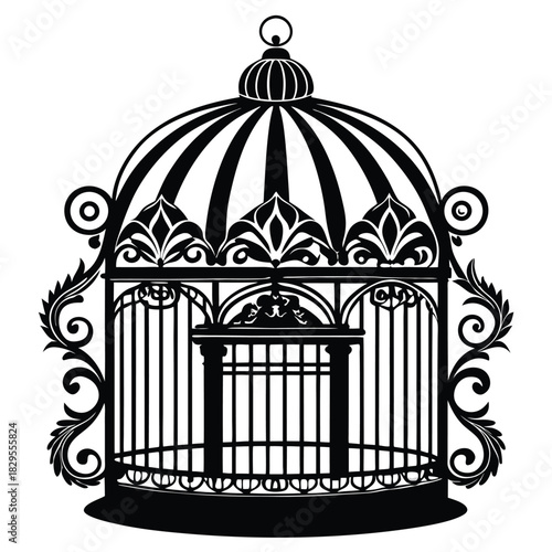 Ornate black birdcage stands elegantly with floral accents, showcasing classic vintage allure
