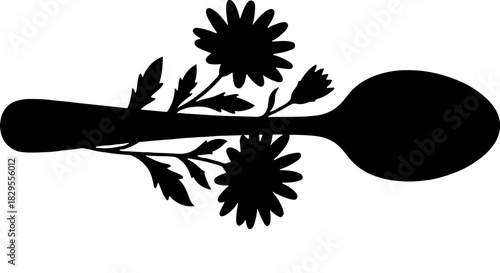 Stylish spoon with daisies design featuring floral elements suitable for kitchen decor and culinary vector line art