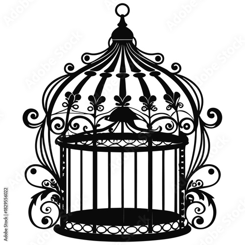 Ornate silhouette of a classic birdcage reveals intricate scrollwork designs, offering vintage charm and elegance