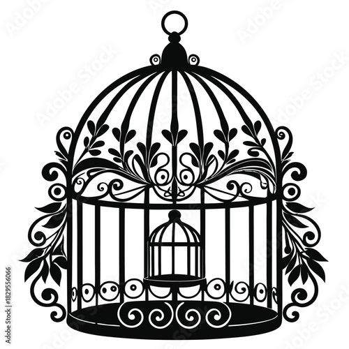 Intricate black birdcage adorned with swirling foliage, showcases a mini cage inside it
