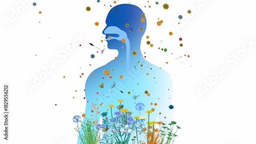 3D animation of the upper respiratory system (ENT) alongside flowers, plants, and pollen that triggers spring allergies. Front view with a flat color graphic style on a white background.