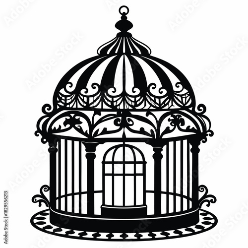 An ornate black birdcage featuring detailed scrollwork sits elegantly in simple bold form