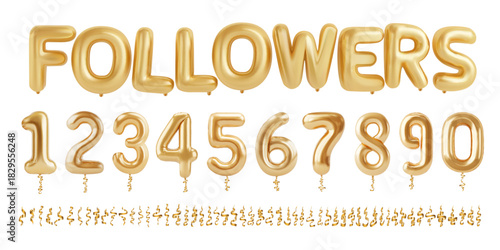 Vector golden balloon text Followers and set of balloon numbers and balloon ribbons isolated on white background. Concept of follower and subscriber count.