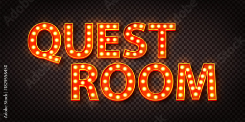 Vector marquee neon sign of Quest Room isolated on the transparent background.