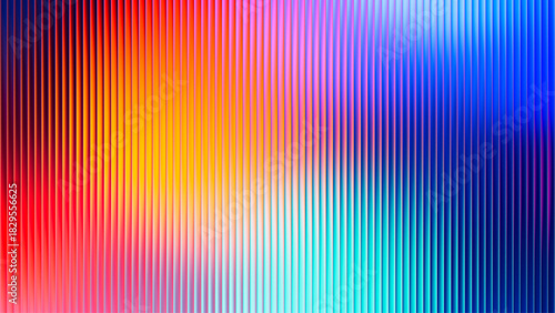 Ribbed fractal glass texture with vibrant colorful dynamic gradient. Bright smooth fluted vertical lines. Bold dynamic design blending futuristic tones and radiant colors for modern visual art project