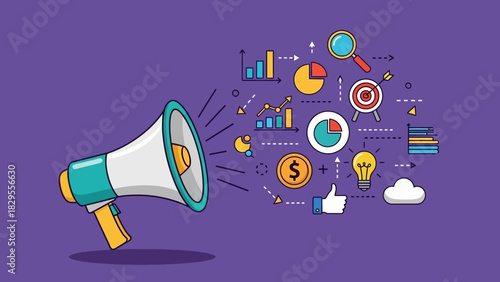 Digital marketing and strategy elements with megaphone and charts illustrating business growth and success