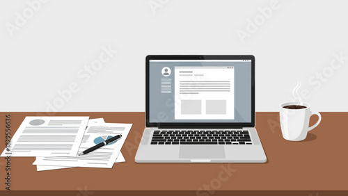 Workplace scene featuring a laptop, documents, and a steaming cup of coffee on a desk