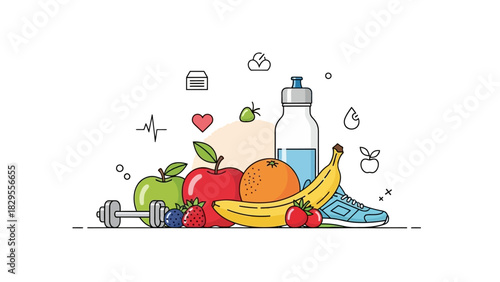 Vibrant illustration depicting a healthy lifestyle, combining fresh fruits, fitness equipment, and hydration essentials, symbolizing nutrition, exercise, and overall well-being