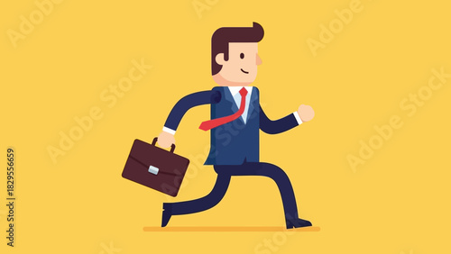 Vector illustration of a cheerful businessman in a suit running with a briefcase, symbolizing career progress, urgency, and professional agility