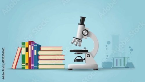 A Stack of Books and a Microscope on a Blue Background Representing Education and Scientific Discovery