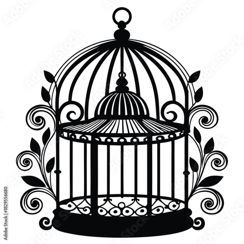 Silhouette shows a black birdcage adorned with decorative vines and leaves around the side