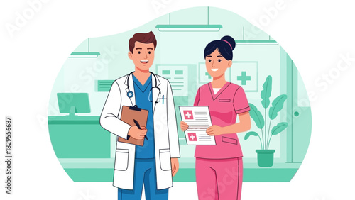 Healthcare Professionals Caring Doctor and Nurse Vector Illustration