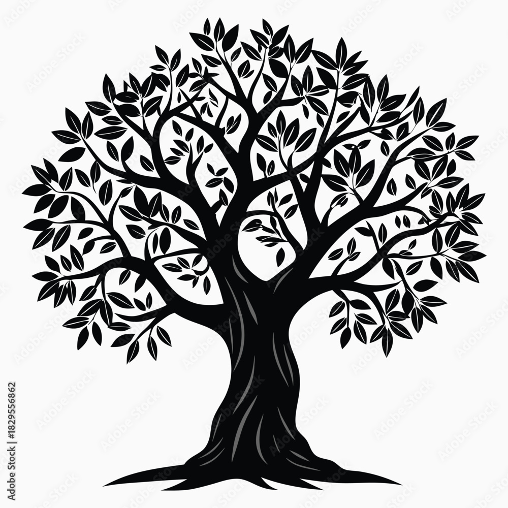 Obraz premium Solitary tree with detailed branches and leaves stands in striking black silhouette