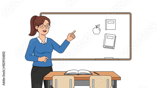 Enthusiastic female teacher delivering a lesson in a vibrant classroom, pointing to educational drawings on a whiteboard, promoting an engaging learning environment