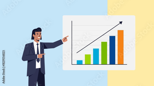 Professional businessman presenting a dynamic bar graph illustrating positive market trends, strategic growth, and successful business development