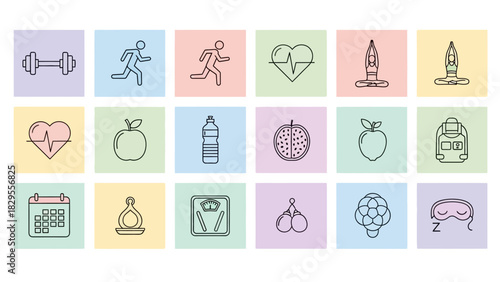 Set of health and fitness icons representing exercise, nutrition, and wellness