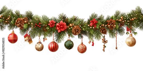 Christmas tree decorations and gold balls on a green fir branch for a winter holiday celebration