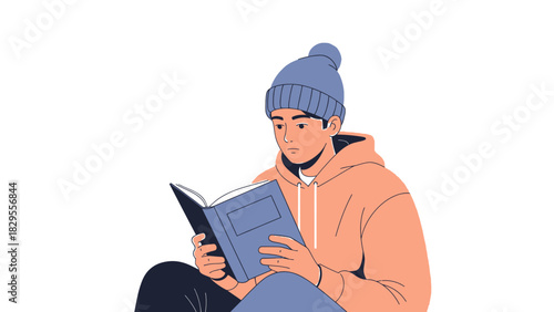 Man Reading a Book in a Beanie and Hoodie, Intellectual Pursuit, Whisk_276d855e0426689ba234f7f4cb234950dr