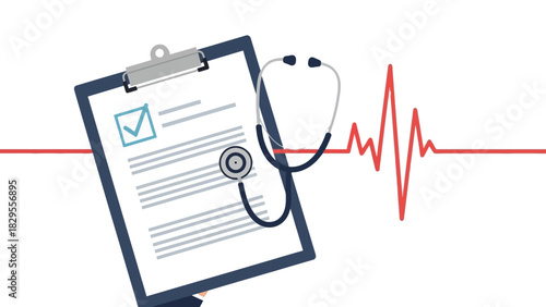 Medical Checkup Icon Clipboard, Stethoscope, and Heartbeat - Health Examination Symbol
