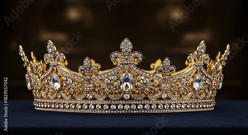 Ornate golden tiara with numerous sparkling gemstones, on a dark blue velvet surface