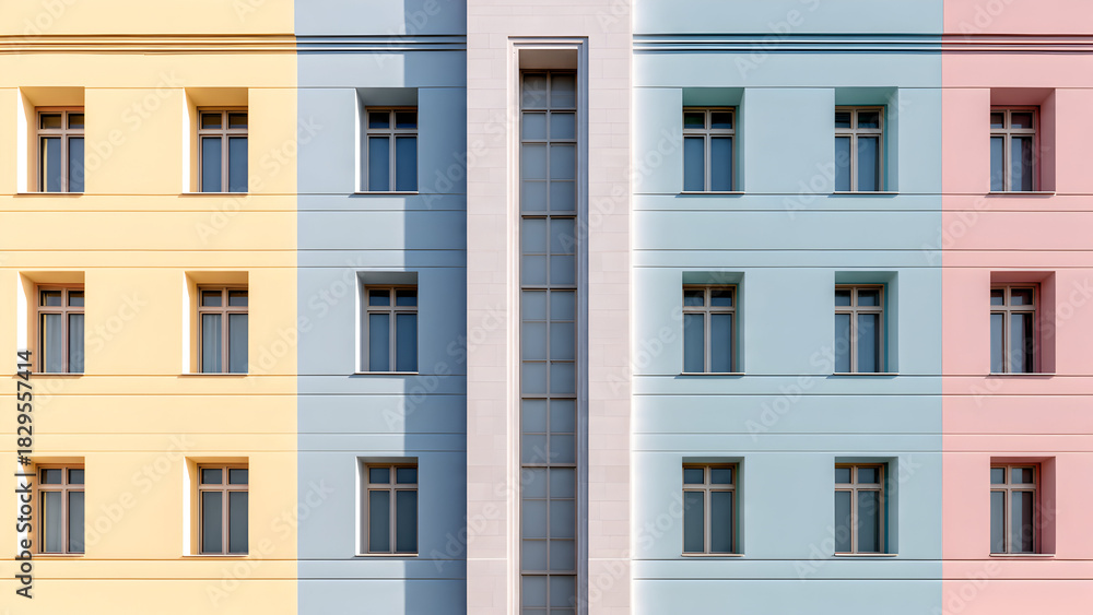 Fototapeta premium A smooth pastel building facade with centered vertical column and perfectly even row of windows creating clean balanced symmetry