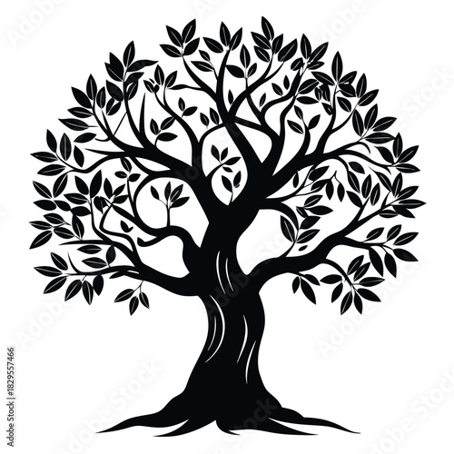 Solitary silhouette tree stands tall, its leafy branches extend gracefully outward forming intricate pattern