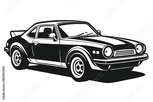 Elegant vintage coupe showcases its stylish design, captured in striking monochrome simplicity