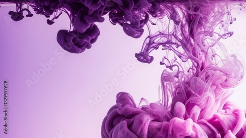 Abstract backdrop featuring ink in water with purple and pink smoke-like tendrils flowing in fluid motion. Ideal for advertising, creative visuals, digital art, and includes copy space for text.
