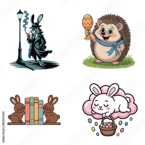 Cartoon rabbit detective smoking pipe near street lamp and hedgehog with Easter egg bunny