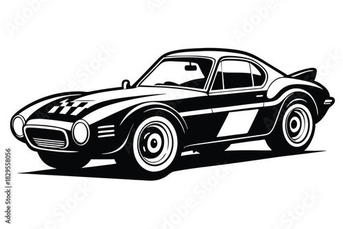 Classic monochrome coupe with sporty racing stripes showcases timeless automotive styling and vintage aesthetic