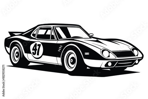 Monochrome vintage racing vehicle displays prominent number forty seven along the side expertly designed