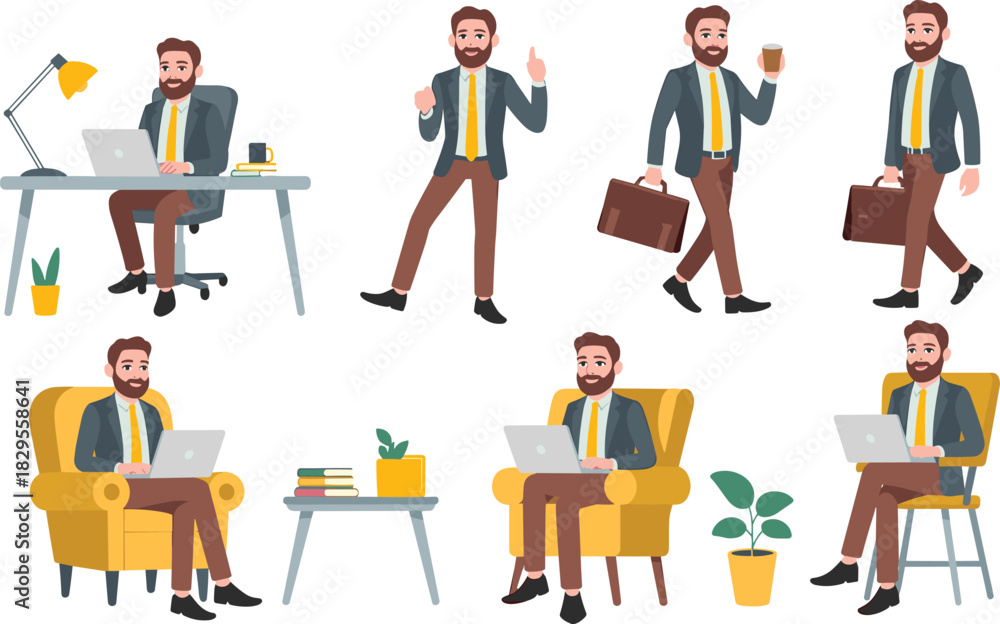 Obraz premium Businessman character set working laptop walking holding coffee briefcase sitting office poses cartoon illustration corporate worker design