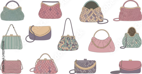 Collection of Colorful Handbags in Various Styles and Colors for Fashion Accessories