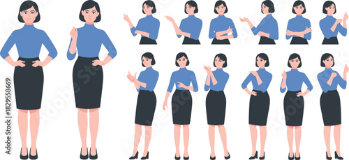 Businesswoman character set various poses professional woman gestures office worker standing pointing explaining cartoon illustration corporate female figure