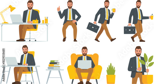 Businessman character set working laptop walking holding coffee briefcase sitting office poses cartoon illustration corporate worker design