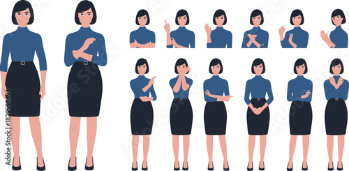 Businesswoman character set various poses professional woman gestures office worker standing pointing explaining cartoon illustration corporate female figure