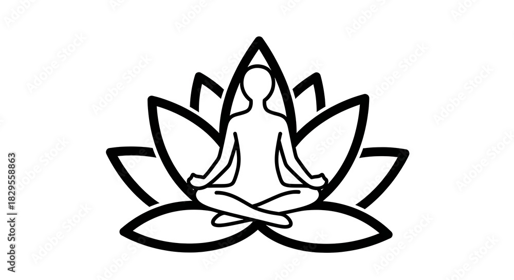 Fototapeta premium Minimalist yoga pose illustration within a lotus flower emblem design style