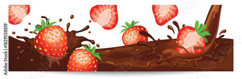 chocolate with strawberries, Fresh strawberries splashing into creamy chocolate against a soft blue background