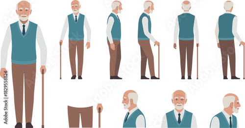 Elderly man character sheet with front side back views expressions walking pose cane animation design for cartoon illustration and storytelling