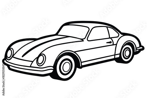 Classic sports car with stripes is rendered in black and white outline style