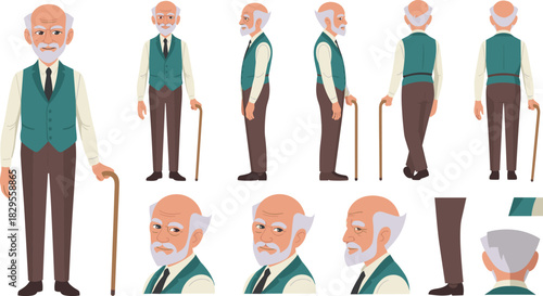 Elderly man character sheet with front side back views expressions walking pose cane animation design for cartoon illustration and storytelling