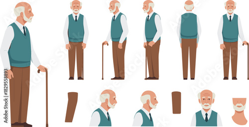 Elderly man character sheet with front side back views expressions walking pose cane animation design for cartoon illustration and storytelling