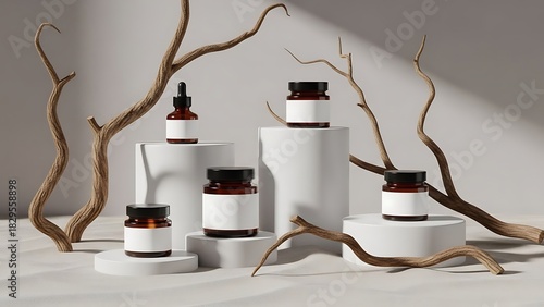Cosmetic bottles mockup displayed on minimalist pedestals with natural branches.