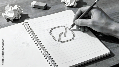 Designer sketching logo on notebook