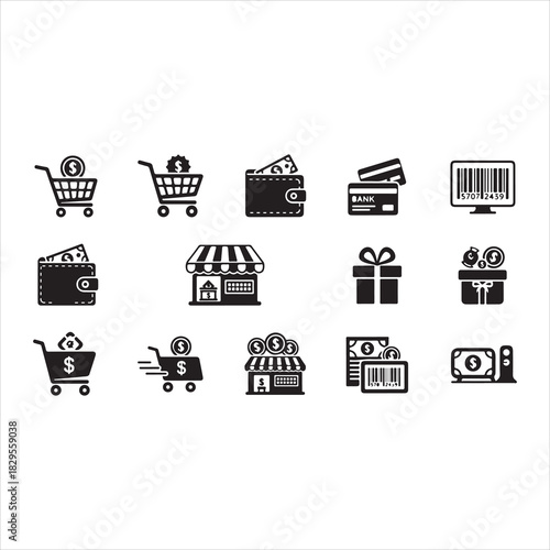 Shopping Icons Silhouette | Cart, Trolley, Wallet, Card, Store, Money, Gift, Delivery & Barcode Vector Set