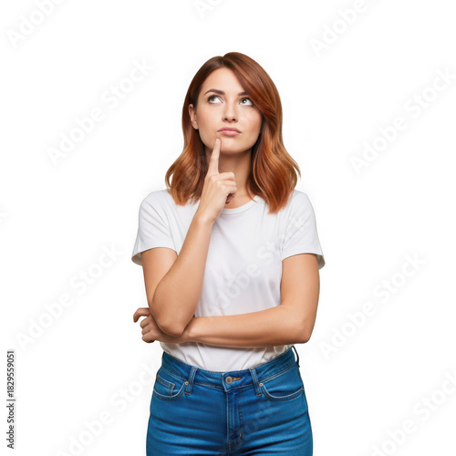 Young woman thinking isolated on a transparent background