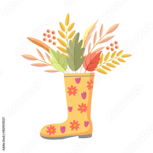 Autumn bouquet in rubber boot. Vector Illustration for printing, backgrounds, covers and packaging. Image can be used for greeting cards, posters, stickers and textile. Isolated on white background.